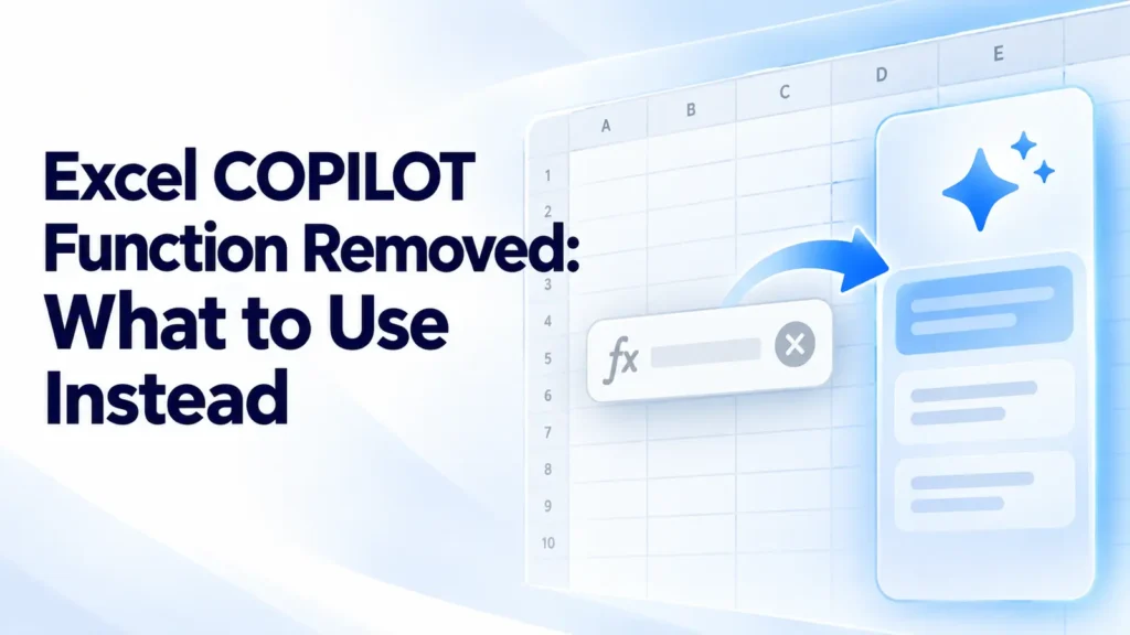 Excel COPILOT Function Removed: What to Use Instead — spreadsheet and Copilot pane illustration