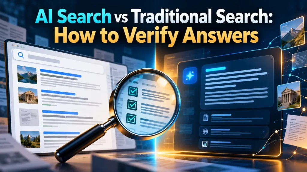 Featured article cover with the exact headline AI Search vs Traditional Search: How to Verify Answers and original technology illustration.