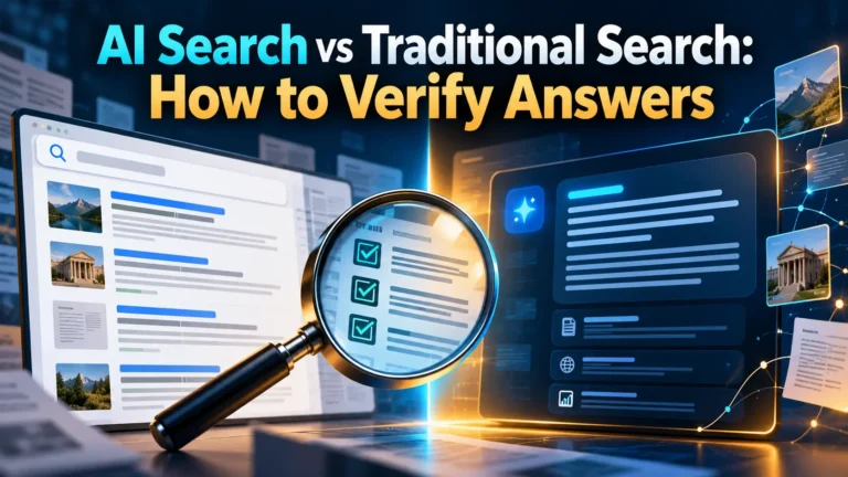 Featured article cover with the exact headline AI Search vs Traditional Search: How to Verify Answers and original technology illustration.